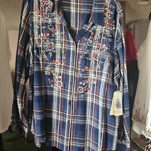 Reba Blue Plaid Embroidered Button-Down Shirt